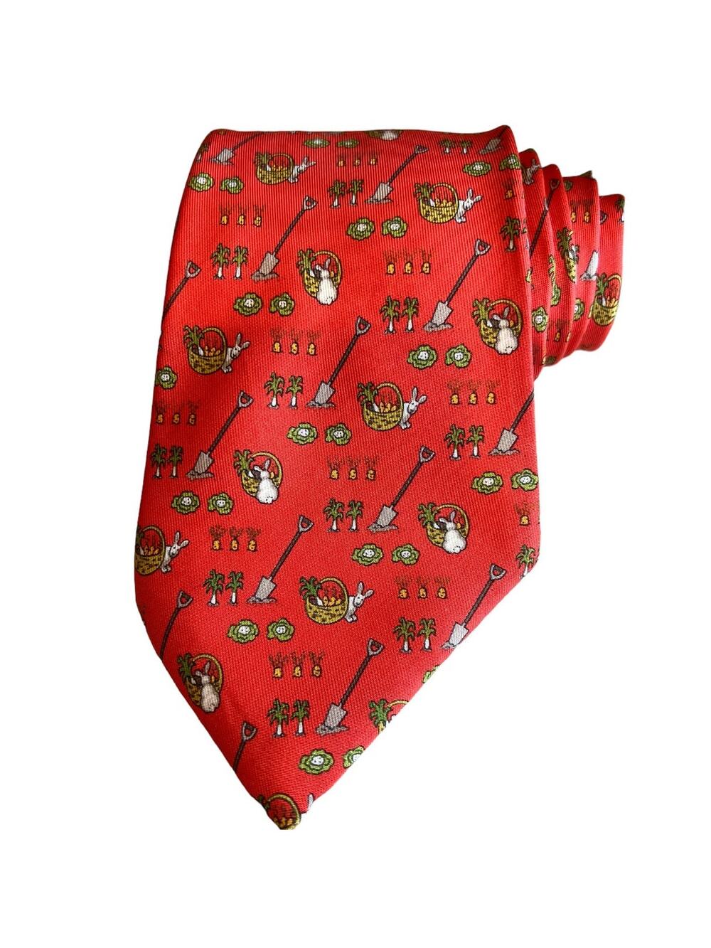 Authentic Hermes Rare Print Silk Neck Tie Gardening Bunny Rabbits Tangerine